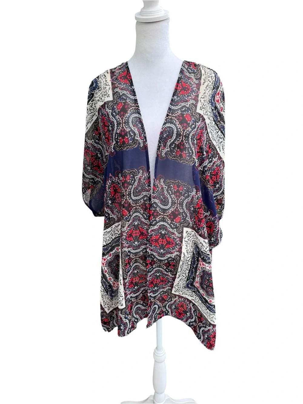 Maurice’s Boho Paisley Open Front Kimono Navy Red & Cream Layering Romantic L/XL